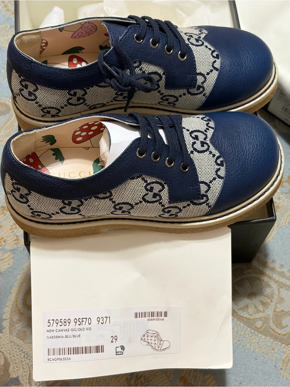 Kids Gucci Blue Leather and Monogram Canvas Dress Shoes